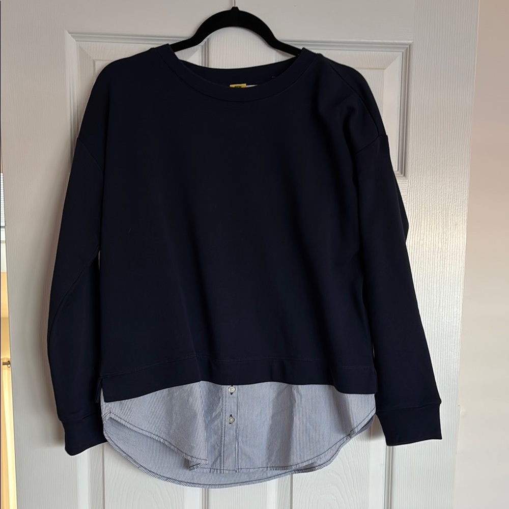 LOFT Navy Blue Layered Sweatshirt with Blue and White Striped Hem